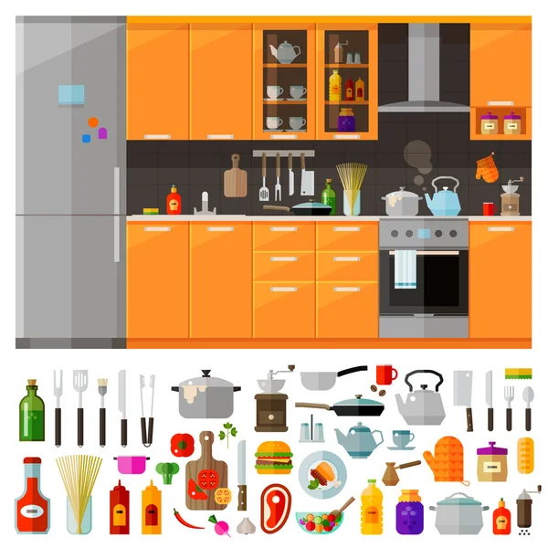 Kuchyňský nábytek. sada prvků - nádobí, nástroje, potraviny, konvice, hrnce, nůž, koření, nudle, mlýnek na kávu, lednice, nábytek, kečup, kuchyňský sporák, ropy, pánev a další — Stockový vektor