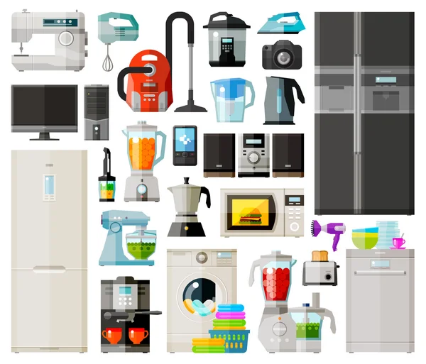 Háztartási gépek ikonok beállítása. elemek - varrógép, porszívó, mixer, számítógép, hűtőszekrény, kávéfőző, gyümölcscentrifuga, telefon, vízforraló, mosógép, konyhai robotgép, kenyérpirító, mosogatógép, mikro — Stock Vector