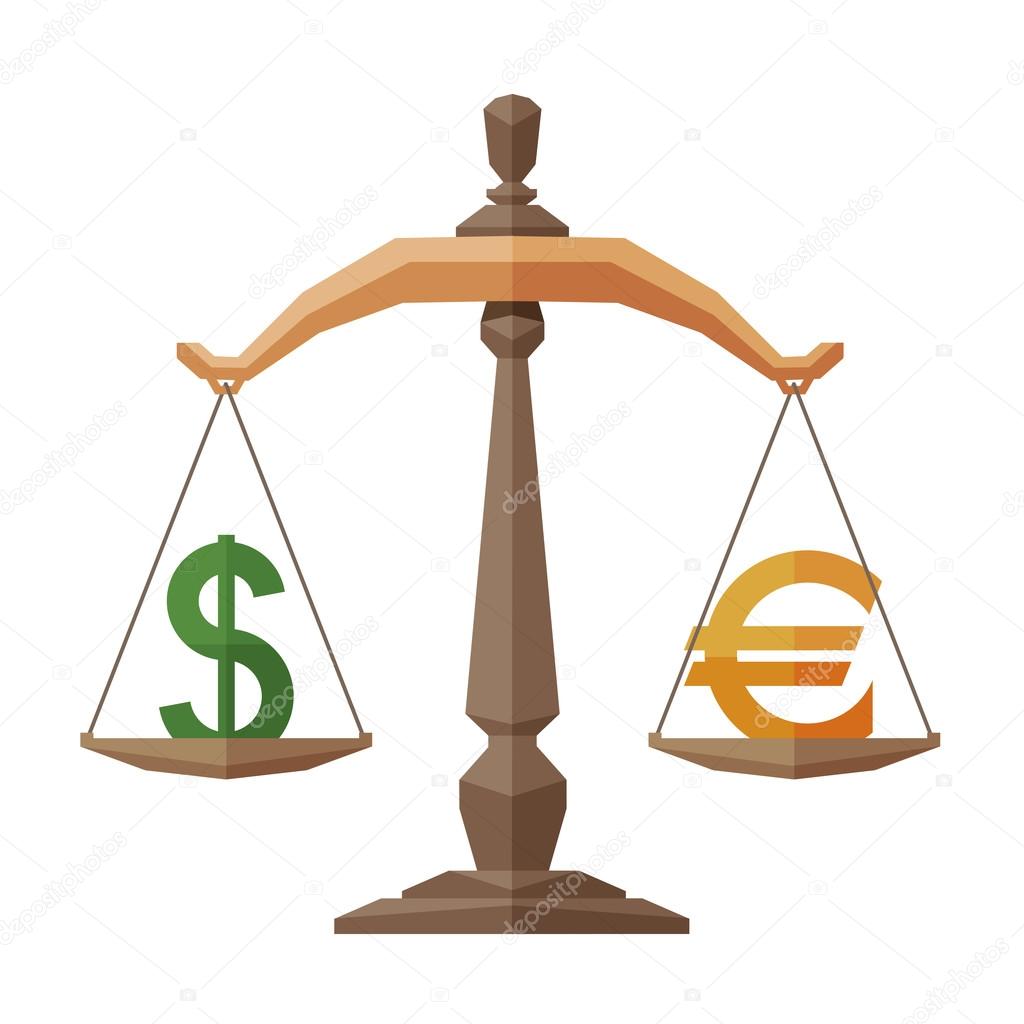 Symbol of the dollar and the euro on the scales. vector. flat illustration