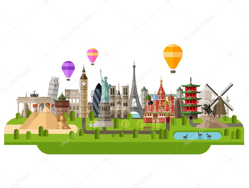 Historic architecture of the countries of the world together in a group. vector. flat illustration