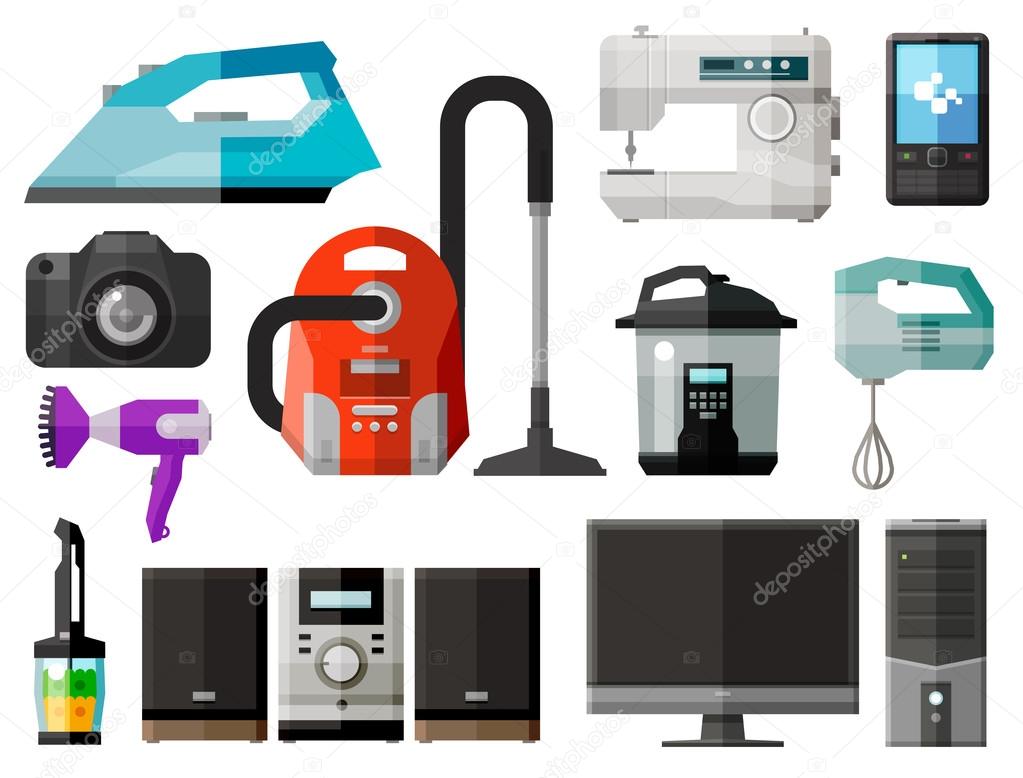 appliances icons. set of elements - iron, vacuum cleaner, sewing machine, mobile phone, photo camera, dryer, blender, music center, computer, PC, TV, mixer, microwave oven
