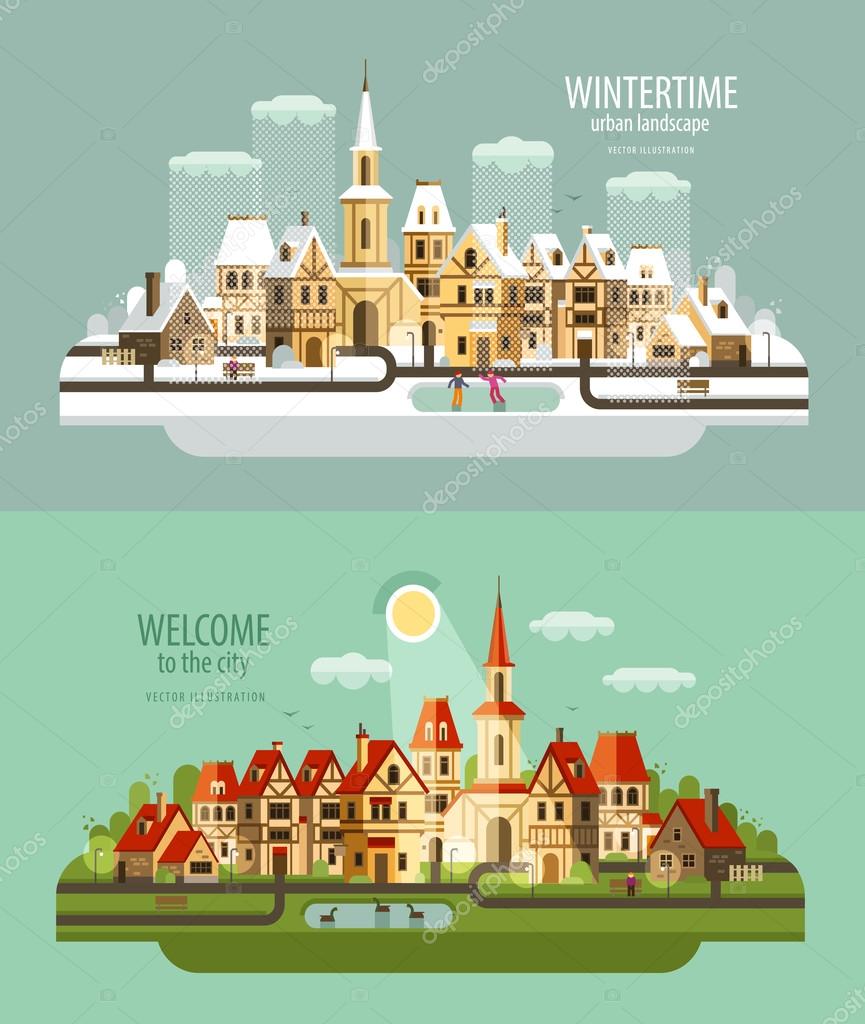 Collection of old buildings. vector. flat illustration