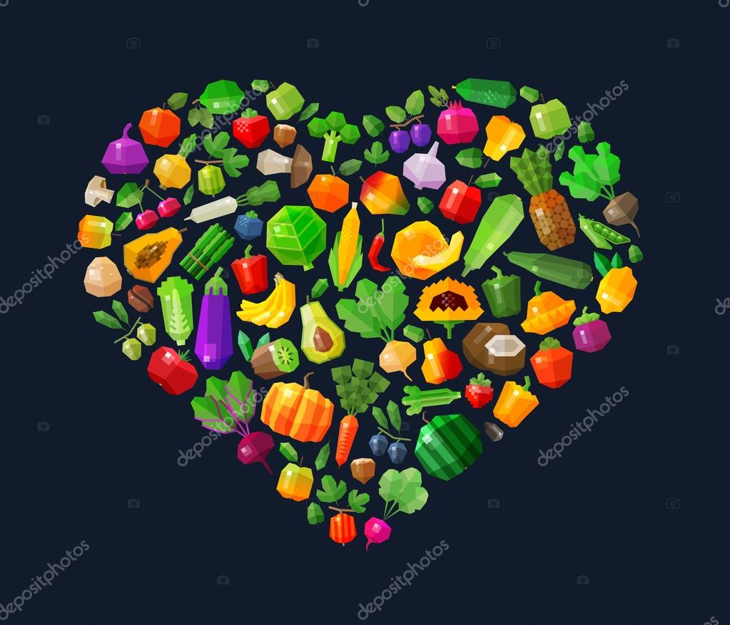 Fresh fruits and vegetables in the shape of a heart. vector. flat illustration