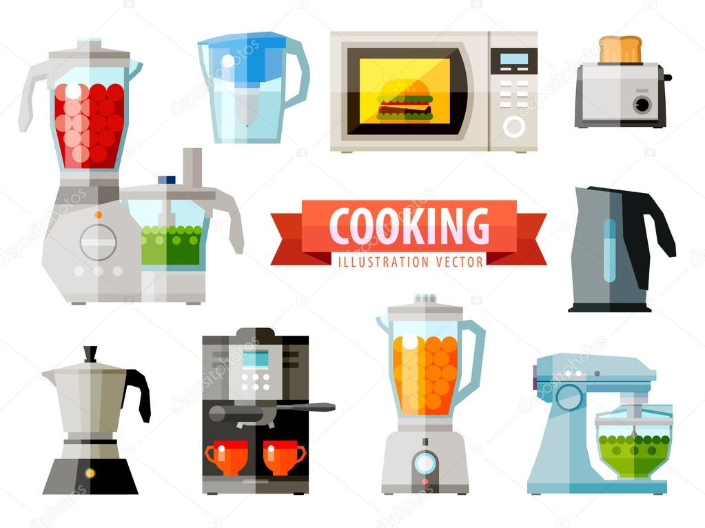 cooking icons. set of elements - food processor, microwave, electric kettle, toaster oven, mixer, kitchen, coffee machine, espresso machine, coffeemaker, blender, jug, water
