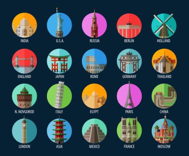 seyahat. öğeleri kümesi - Amerika, Hindistan, ABD, Rusya, berlin, Hollanda, İngiltere, Japonya, Roma, Almanya, Tayland, İtalya, Mısır, paris, Çin, Londra, Asya, Meksika, Fransa, Moskova