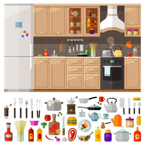 Cocina. conjunto de elementos utensilios, herramientas, alimentos, hervidor de agua, olla, cuchillo, especias, fideos, molinillo de café, refrigerador, muebles, ketchup, cocina, aceite, sartén y otros — Archivo Imágenes Vectoriales