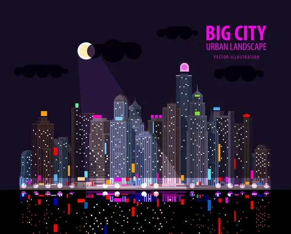 Nuit dans la grande ville. Panneaux lumineux dans la ville nocturne par la mer. Illustration vectorielle — Image vectorielle