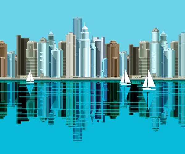 Gran ciudad. Rascacielos de pie en la playa y reflejado en el agua — Vector de stock