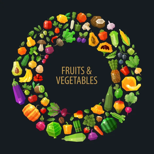 Verse groenten en fruit in de cirkel vector logo ontwerpsjabloon is opgeslagen. voedsel, boerderij of tuinieren, tuinbouw pictogram. vlakke afbeelding — Stockvector