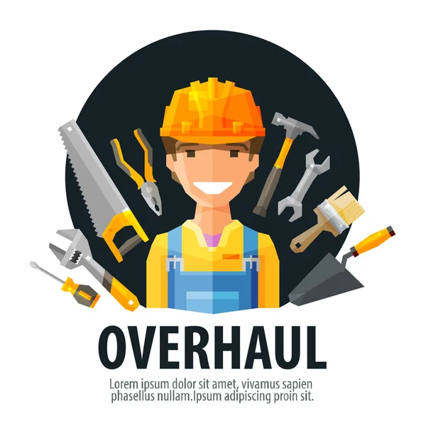 Überholung Vektor-Logo-Design-Vorlage. Arbeiter und Werkzeuge oder Bauarbeiter, Bauunternehmer, Bauunternehmensikone — Stockvektor