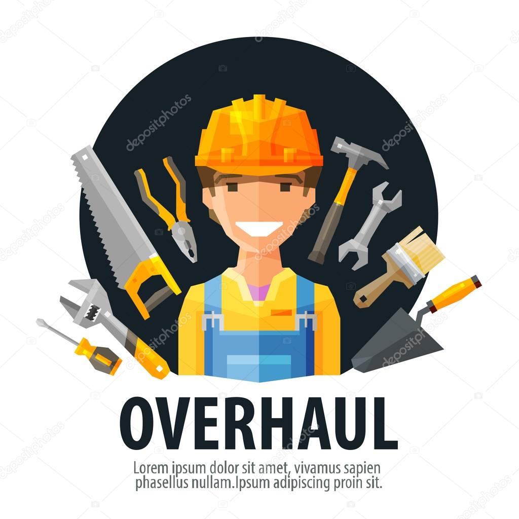 Happy Builder and building tools. vector. flat illustration