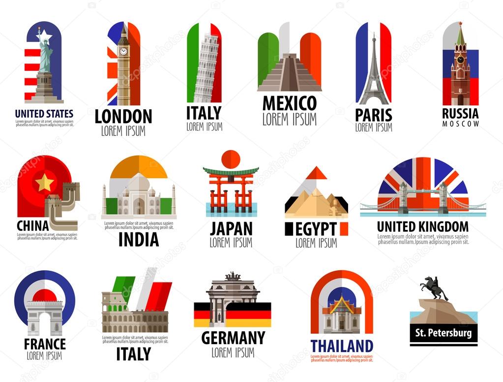 Collection of colored icons attractions of the world. vector. flat illustration