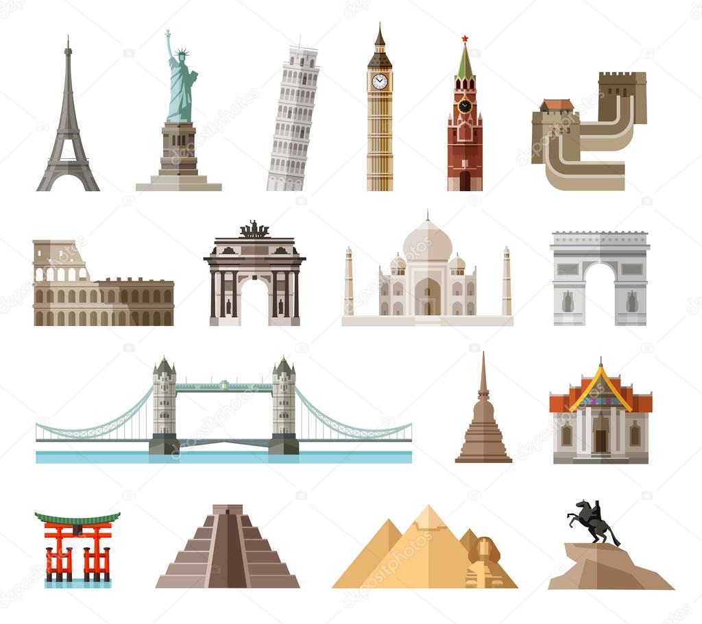 Set of colored icons attractions of the world. vector. flat illustration