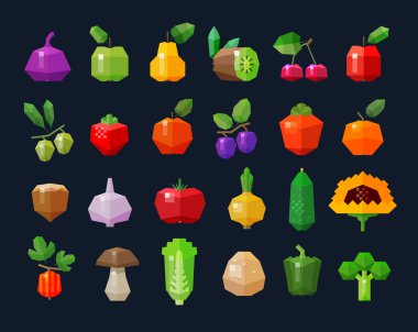 meyve ve sebze, taze gıda Icons set. öğeleri - incir, elma, armut, kivi, kiraz, zeytin, Erik, salatalık, soğan, domates, sarımsak, fındık, patates koleksiyonu