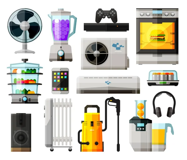 Electrodomésticos iconos conjunto. colección de elementos - ventilador, soplador, mezclador, licuadora, consola de juegos, cocina, acondicionador, auriculares, extractor de jugo, altavoz, radiador, lavadora, tableta, tel — Archivo Imágenes Vectoriales