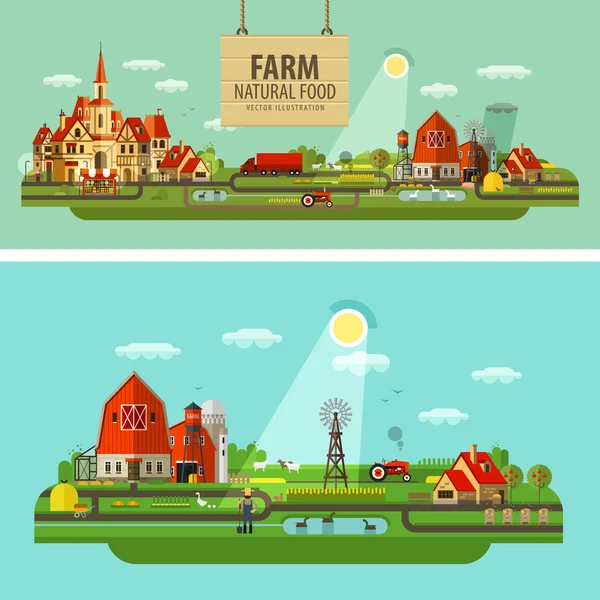 Farm and city. Set of elements - tractor, farmer, barn, truck, house, building, hay, harvest, windy mill, animals, honey, lake, tree, shop, fruit and vegetables — Stock Vector