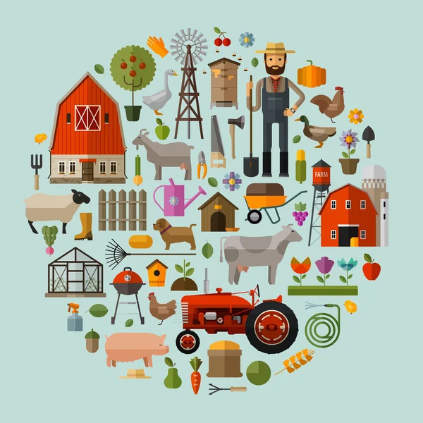 Farm in the village. A set of elements - house, barn, animals, tractor, flowers, fruits and vegetables — Stock Vector