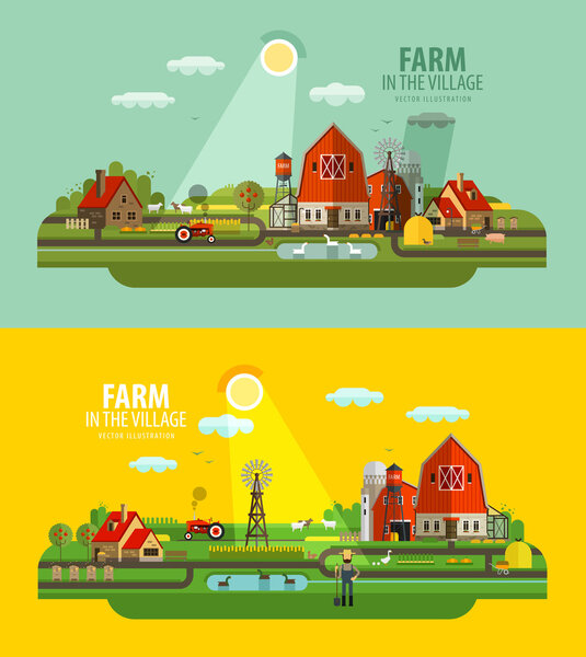 Farm in the village. Set of elements - barn, tractor, animals, building, windy mill, harvest, farming, farmer
