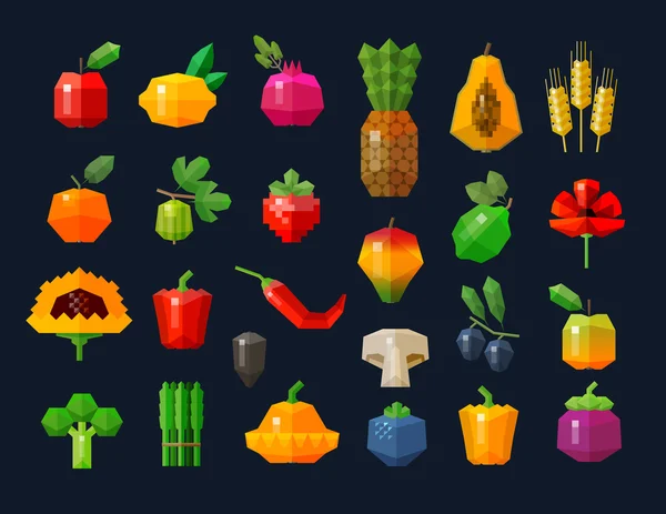 Ovoce a zelenina, čerstvé potraviny ikony nastavit. kolekce prvků - jablko, citron, granátové jablko, ananas, pšenice, oranžová, berry, vápno, máku, slunečnice, paprika, houby, olivy, ostružiny, aspara — Stockový vektor