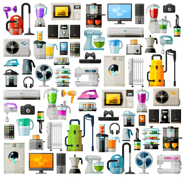 Appliances a set of colored icons. Collection of items - TV, washing machine, vacuum cleaner, computer, phone, headphones, kettle, toaster, game console, iron and other — Stock Vector