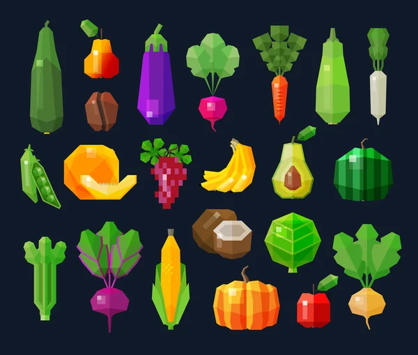 Verduras y frutas, conjunto de iconos de alimentos frescos. colección de elementos - berenjena, rábano, zanahoria, col, guisantes, melón, sandía, uvas, coco, calabaza, maíz, remolacha, zuchinni — Vector de stock