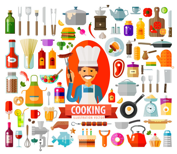 cooking. set of elements - chef, food, pan, frying pan, wine, coffee, cup, plate, kitchen, kettle, tools, jam, dessert, cake, barbecue, dough, meat, bread, spices, vegetables and other