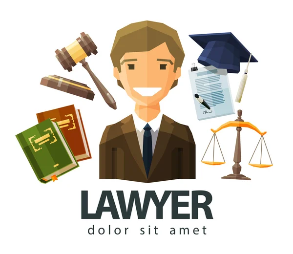 Advogado, advogado, jurista modelo de design logotipo vetor. jurisprudência, lei ou ícone do tribunal. ilustração plana —  Vetores de Stock