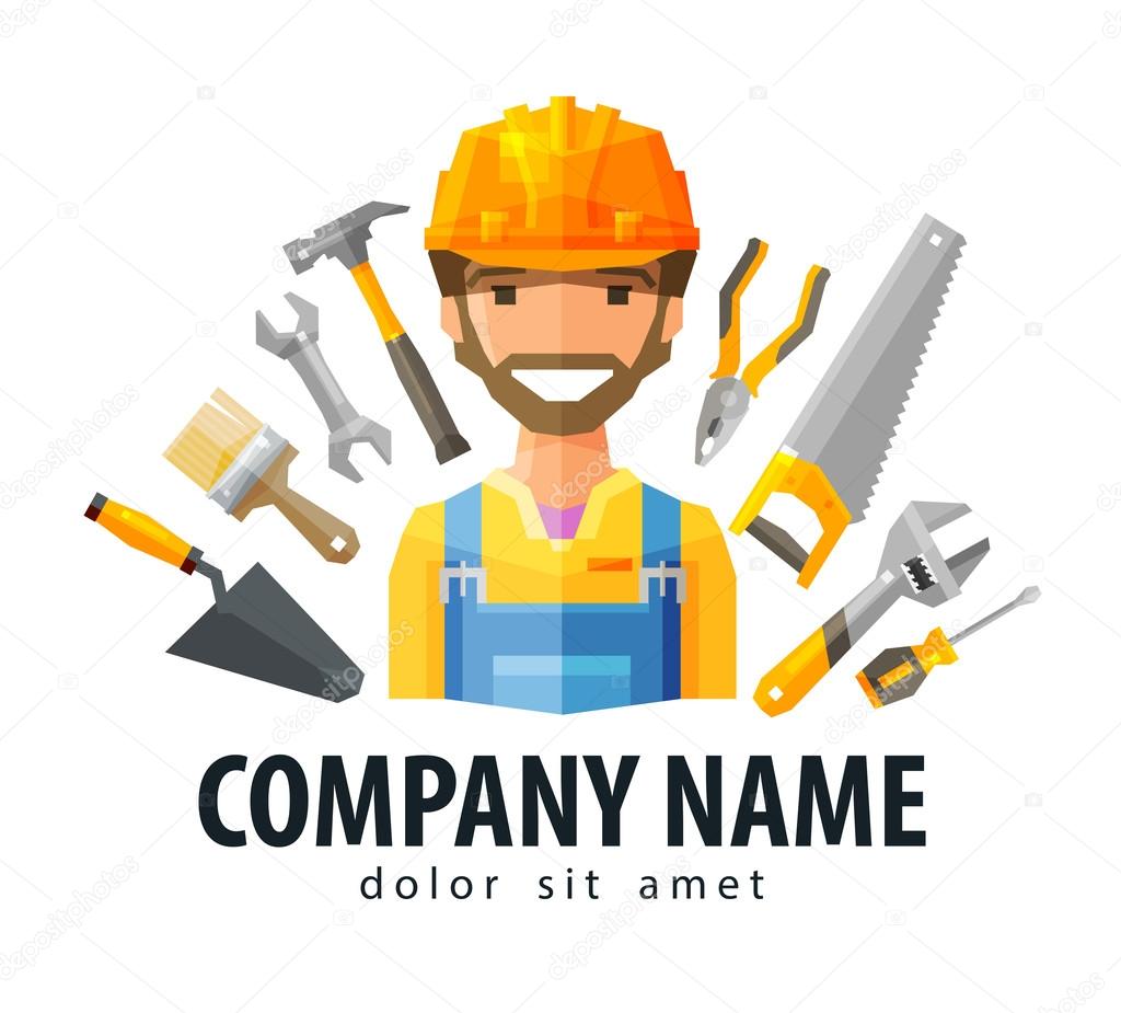 Happy Builder in a helmet on a background of building tools. vector. flat illustration