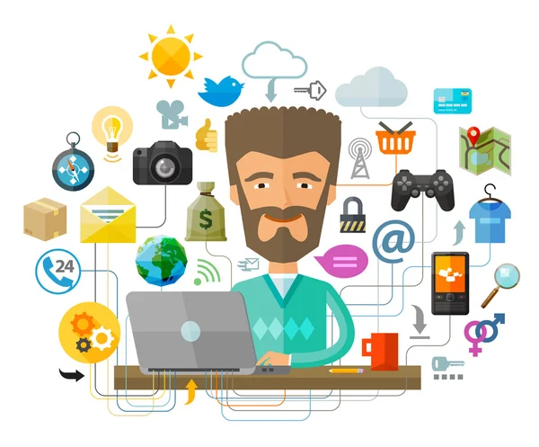 A man with a beard behind the laptop on the Internet. Vector illustration — Stock Vector