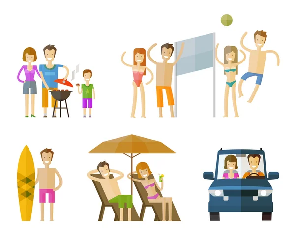 Personas en conjunto iconos de vacaciones. viaje, viaje, playa o barbacoa signos. ilustración vectorial — Archivo Imágenes Vectoriales