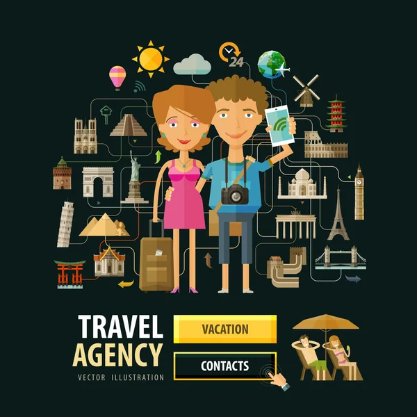 Туристичне агентство векторний шаблон дизайну логотипу. Відпустка, відпустка або подорож, іконки відпочинку — стоковий вектор