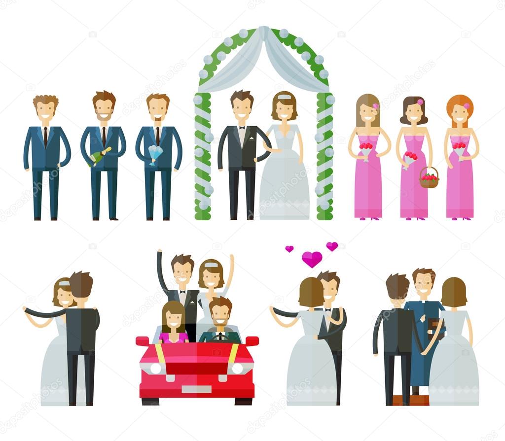 wedding icons set.  marriage, nuptial, wed or bride and groom signs. vector illustration