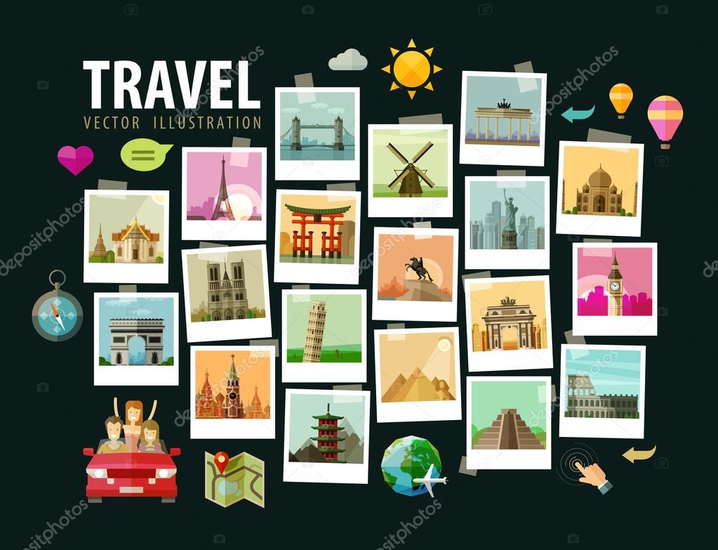 Travel, vacation vector logo design template. photograph or historic architecture of the world icons