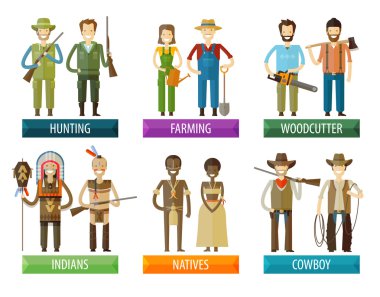 people vector logo design template. farmer, hunter and native, indian, woodcutter  icons