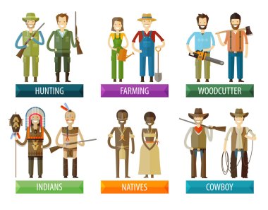 people vector logo design template. farmer, hunter and native, indian, woodcutter  icons clipart