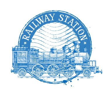 railway station vector logo design template. Shabby stamp or passenger train, steam locomotive icon