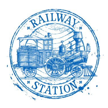 Steam train vector logo design template. Shabby stamp or locomotive icon clipart