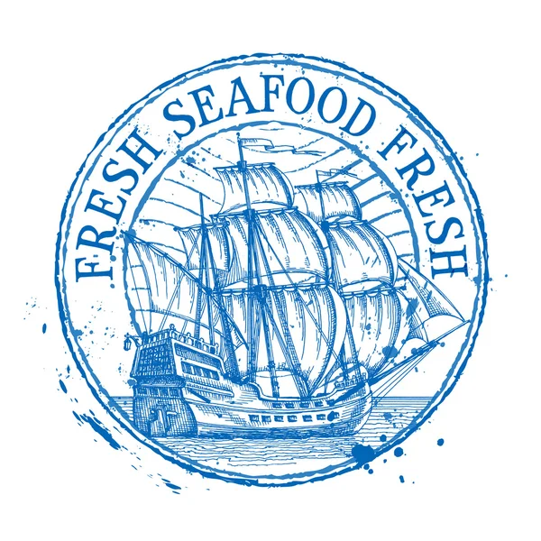 Fresh seafood vector logo design template. Shabby stamp or ship, battleship, frigate, sailboat icon — Stok Vektör