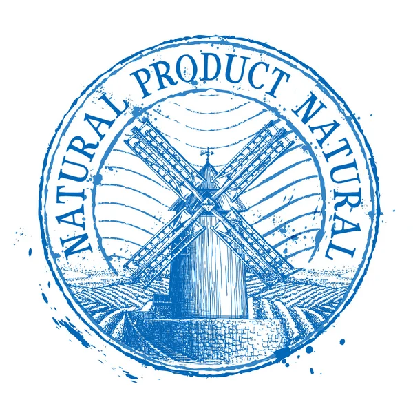 Natural product vector logo design template. Shabby stamp or windmill, gardening, horticulture, harvest, vineyard icon — Stok Vektör