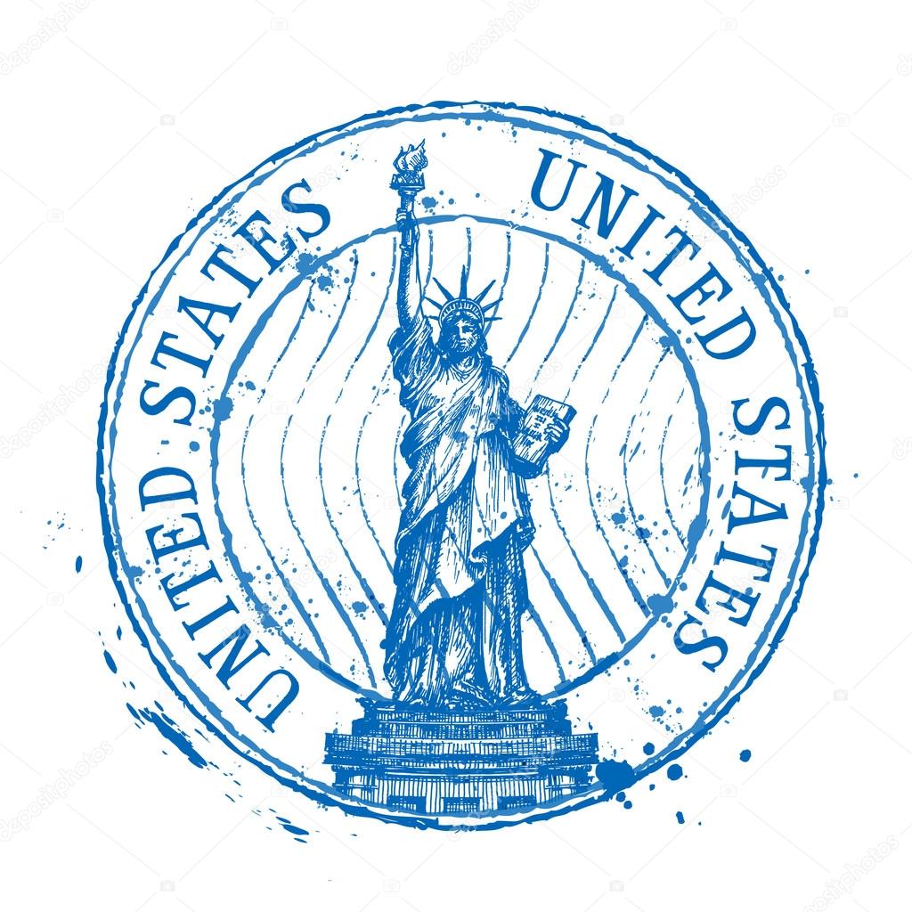 USA vector logo design template. Shabby stamp or United States, statue of liberty icons