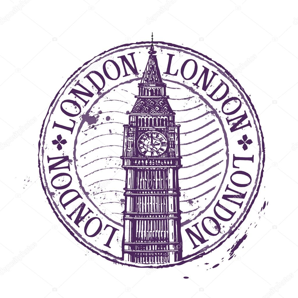 London vector logo design template. Shabby stamp or England, Britain, UK, Big Ben icon