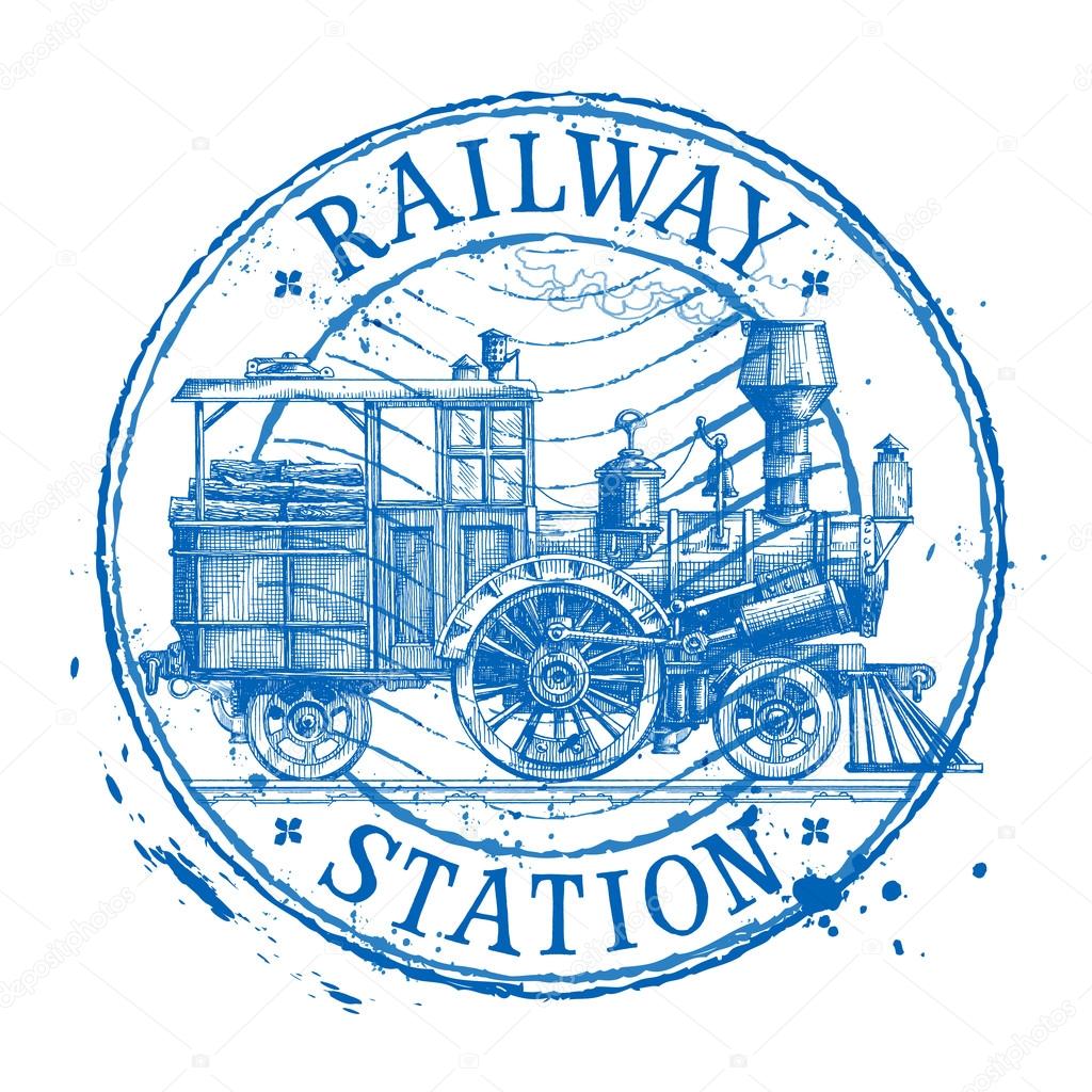 Steam train vector logo design template. Shabby stamp or locomotive icon