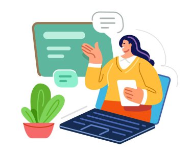 E-öğrenme, uzaktan öğrenme, rota ya da webinar. Çevrimiçi eğitim, sanal okul. Dizüstü bilgisayardaki kadın öğretmen