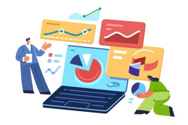 Veri istatistikleri, çizelgeler ekranda. E-ticaret, online yatırım. İş adamları dizüstü bilgisayardaki mali grafikleri analiz ediyorlar