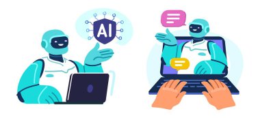 AI asistanı. Yapay zeka teknolojisi konsepti. Robot asistanı olan bir adam dizüstü bilgisayar kullanıyor