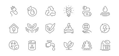 Sürdürülebilir enerji, yeşil teknoloji, geri dönüşüm ve çevre dostu çözümler. Ekoloji simgeleri ayarlandı. Satır simgeleri