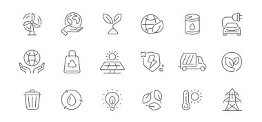Yenilenebilir enerji, yeşil teknoloji, geri dönüşüm ve çevre dostu çözümler. Ekoloji simgeleri ayarlandı. Çevre çizgisi simgeleri