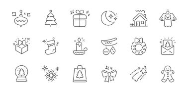 Noel simgeleri hazır. Kış tatili dekorasyon vektör doğrusal sembolleri ayarlandı. Yeni yıl konsepti. Vektör illüstrasyonu