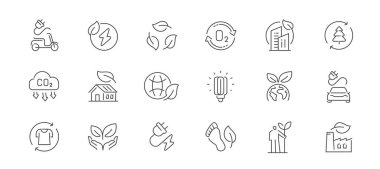 Yeşil teknolojiler, eko elektrik enerji kavramı. Ekoloji ince çizgi simgeleri. Çevre ana hatları simgeler ve işaretler