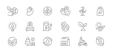 Yeşil teknolojiler, eko elektrik enerji kavramı. Ekoloji ince çizgi simgeleri. Çevre ana hatları vektör simgeleri ve işaretleri